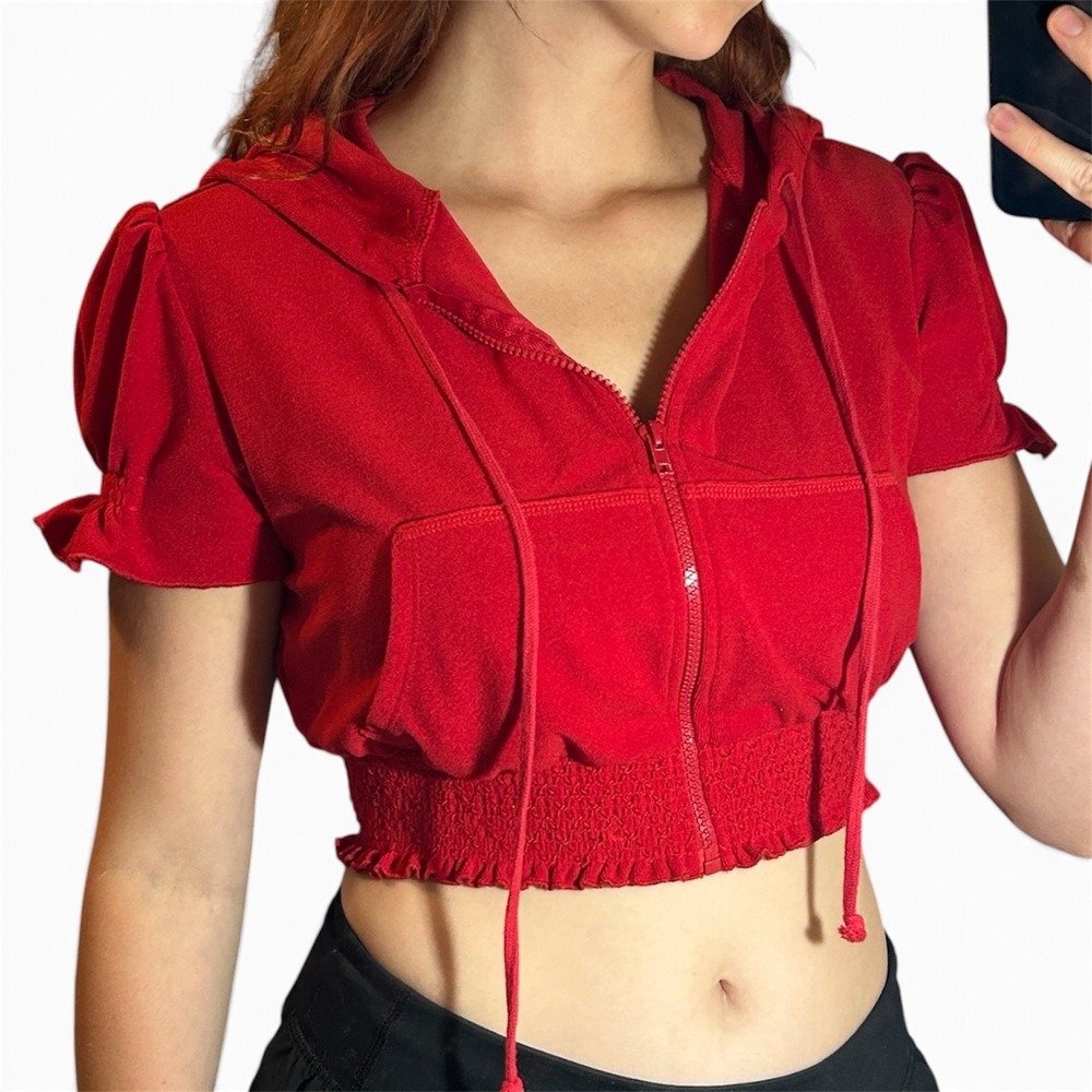 No Boundaries Red Short Puff Sleeve Cropped Zip Up Hoodie Smocked Waist Large